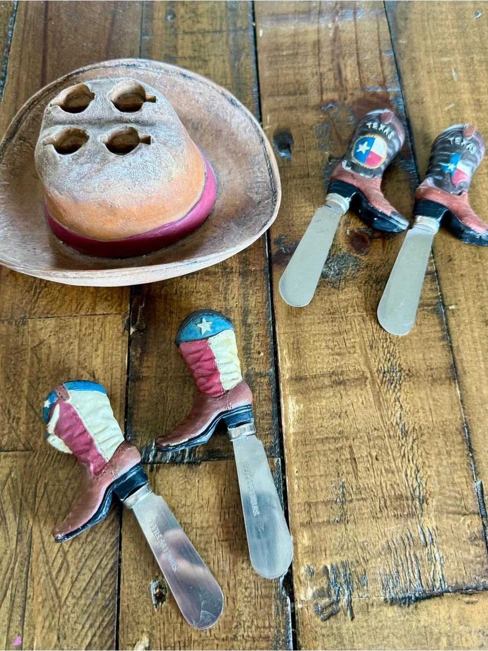 Texas Cowboy Boot Cheese Spreader Set w/ Cowboy Hat Holder Western Decor